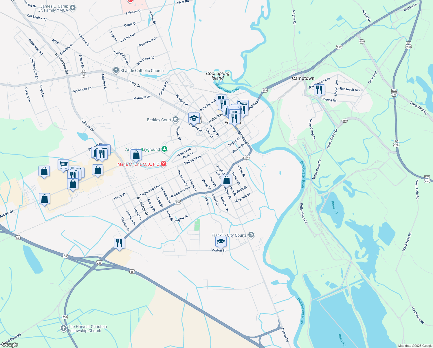 map of restaurants, bars, coffee shops, grocery stores, and more near 407 Hall Street in Franklin