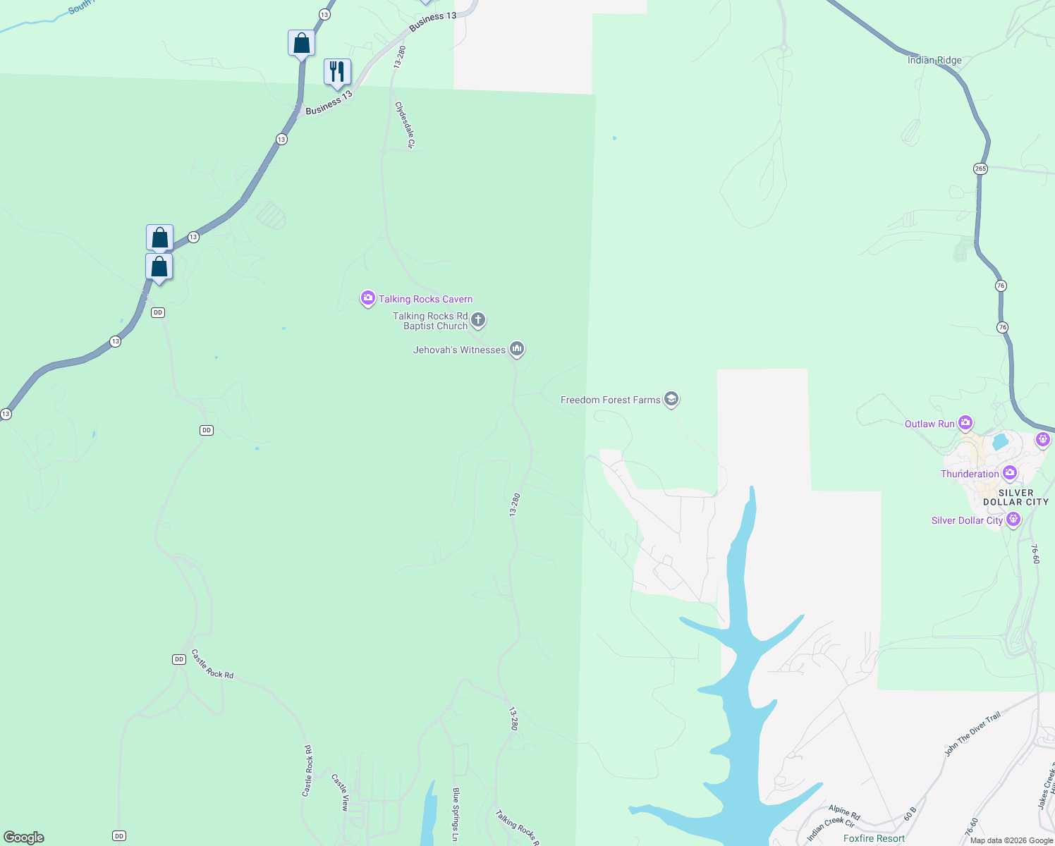 map of restaurants, bars, coffee shops, grocery stores, and more near 1514 Talking Rocks Road in Reeds Spring