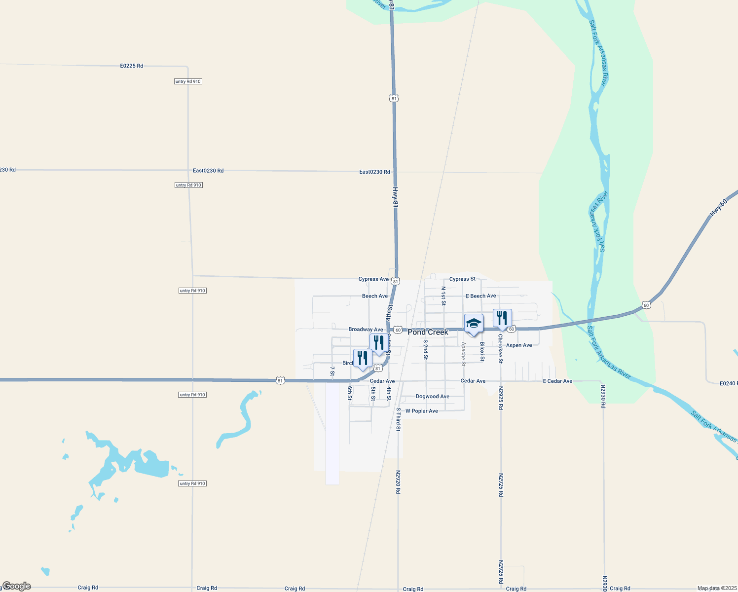 map of restaurants, bars, coffee shops, grocery stores, and more near 180 5th Street in Pond Creek