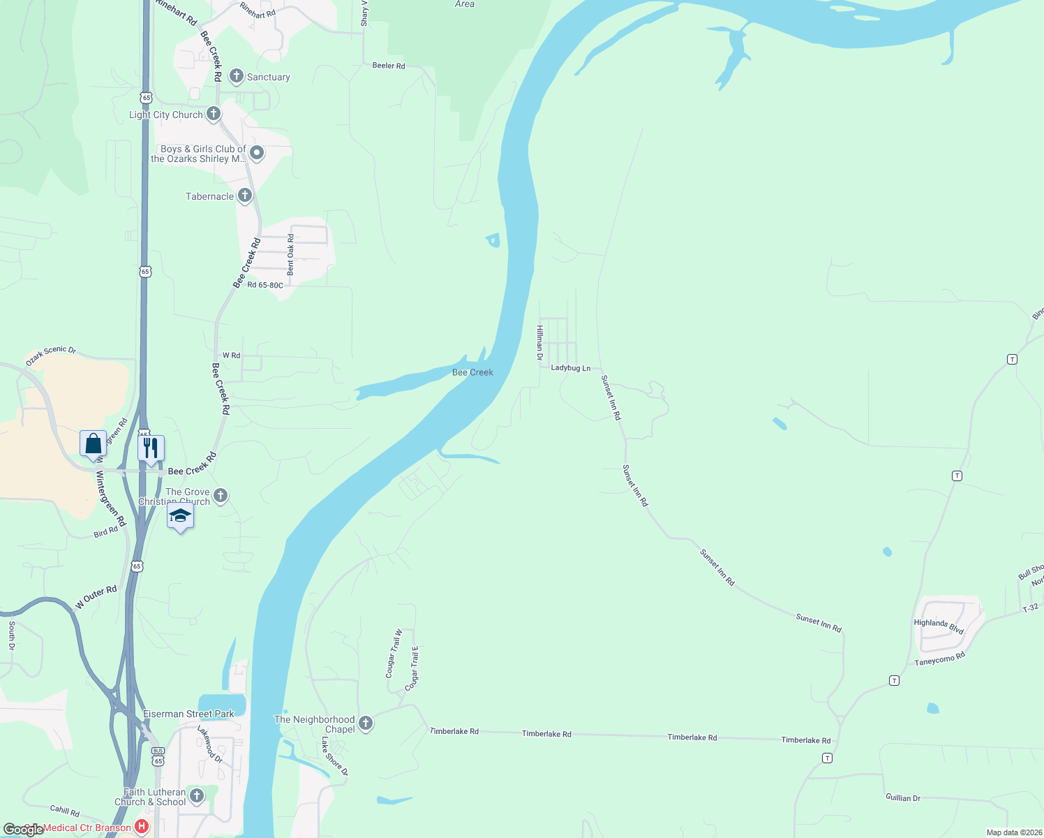 map of restaurants, bars, coffee shops, grocery stores, and more near 219 Hopkins Road in Branson