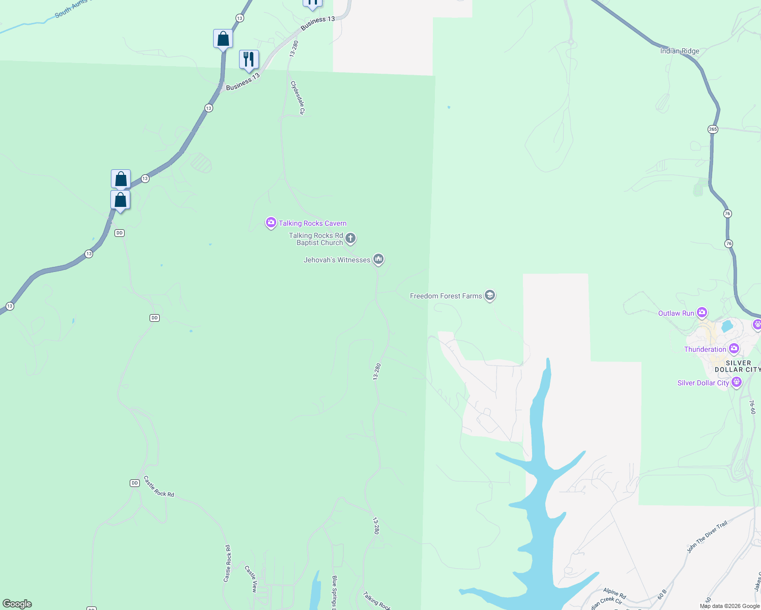 map of restaurants, bars, coffee shops, grocery stores, and more near 1514 Talking Rocks Road in Reeds Spring