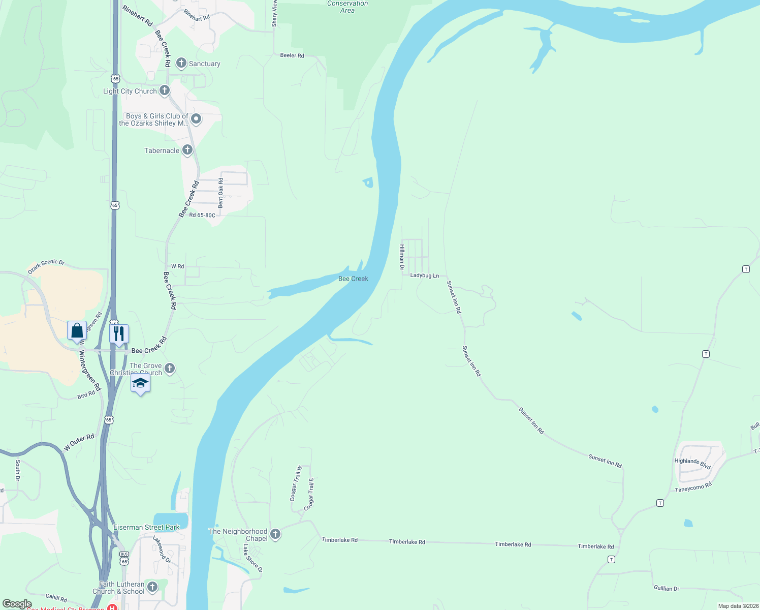 map of restaurants, bars, coffee shops, grocery stores, and more near 219 Hopkins Road in Branson