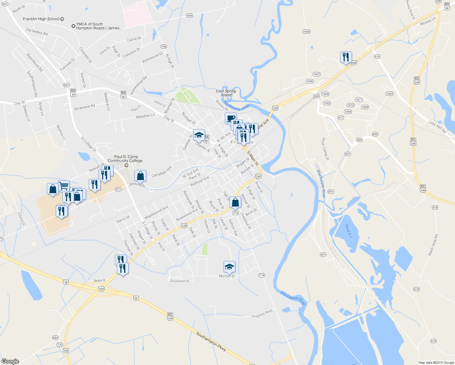 map of restaurants, bars, coffee shops, grocery stores, and more near 408 Barrett Street in Franklin
