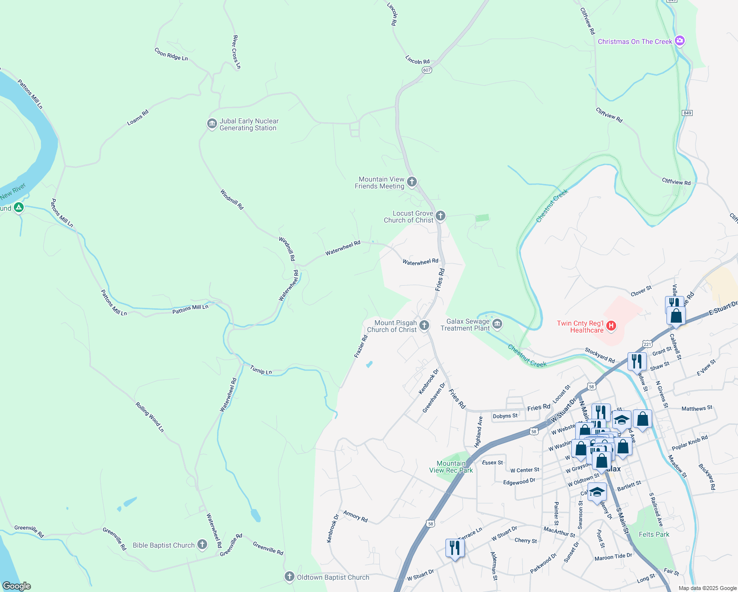map of restaurants, bars, coffee shops, grocery stores, and more near 100 Elmtree Lane in Galax
