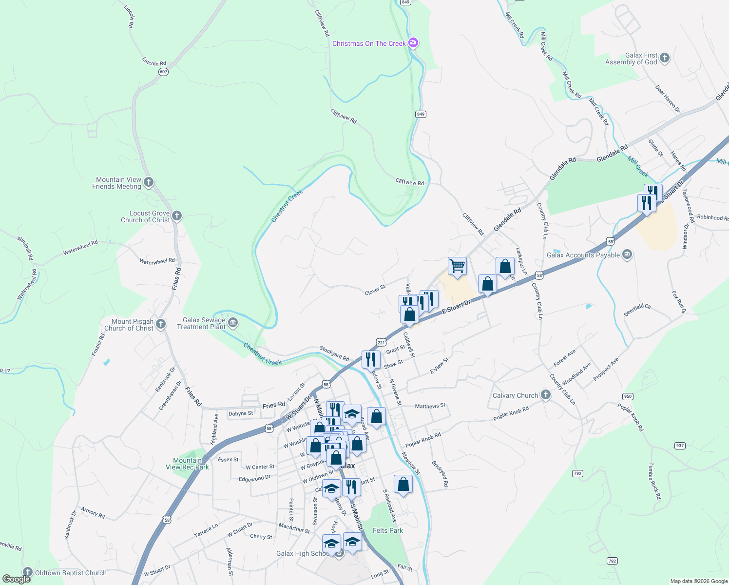 map of restaurants, bars, coffee shops, grocery stores, and more near 199 Clover Street in Galax