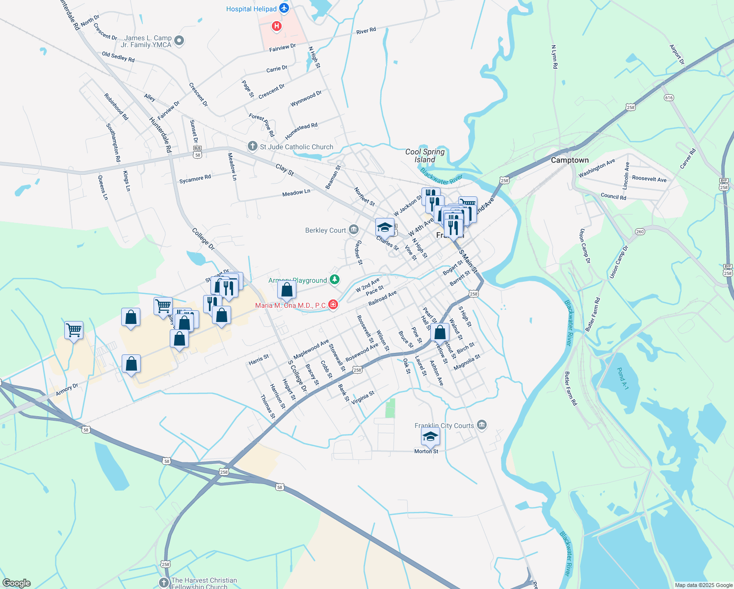 map of restaurants, bars, coffee shops, grocery stores, and more near 714 Pace Street in Franklin