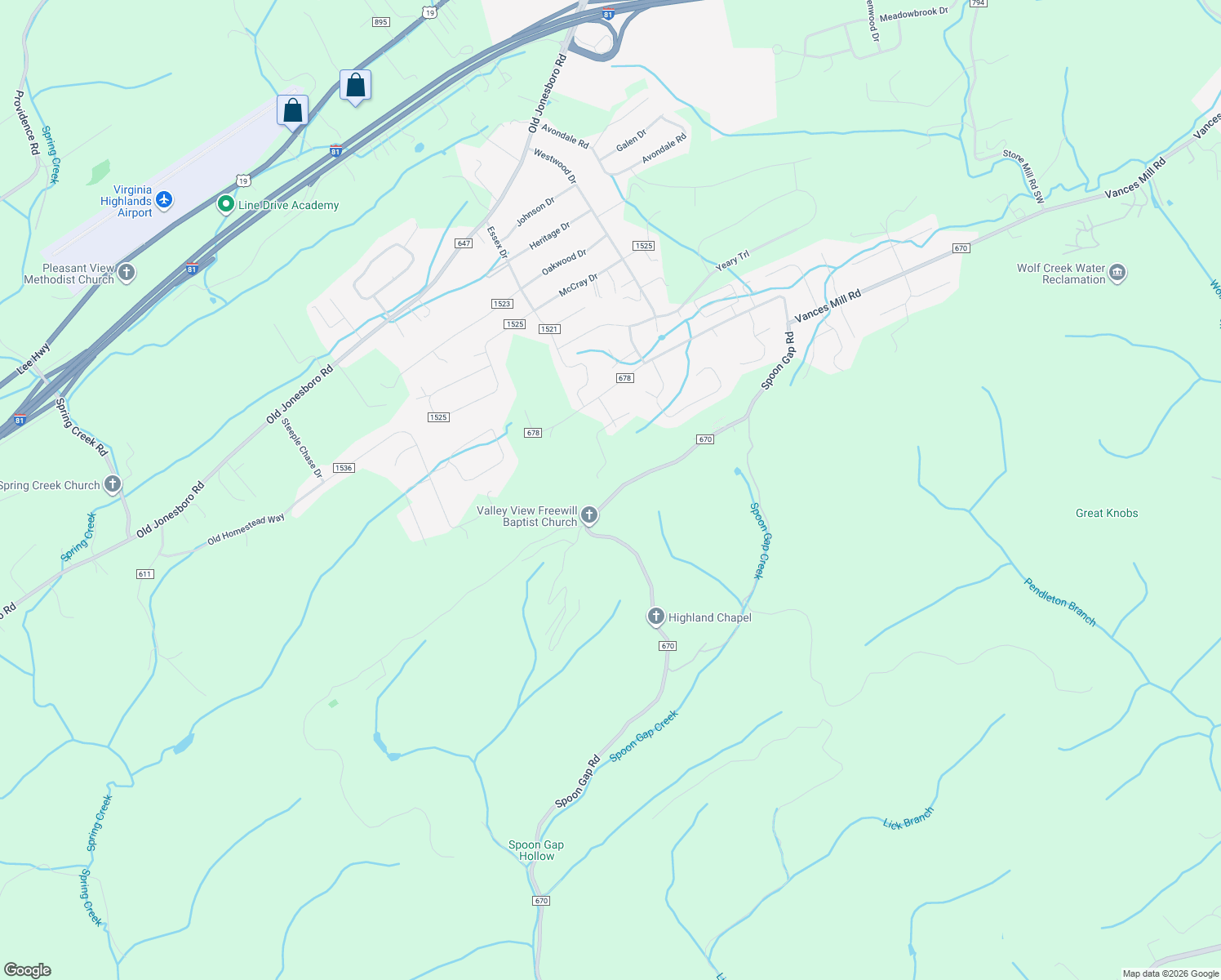 map of restaurants, bars, coffee shops, grocery stores, and more near 19194-19398 Spoon Gap Road in Abingdon