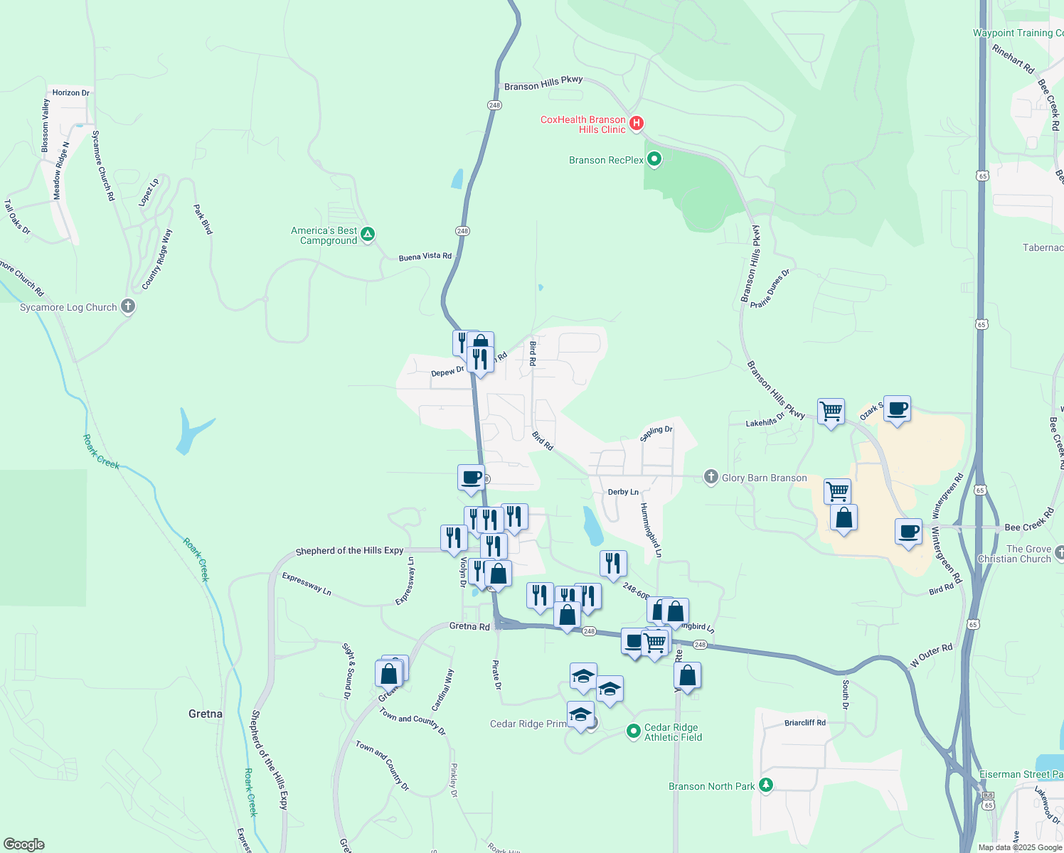 map of restaurants, bars, coffee shops, grocery stores, and more near 1998 Bird Road in Branson