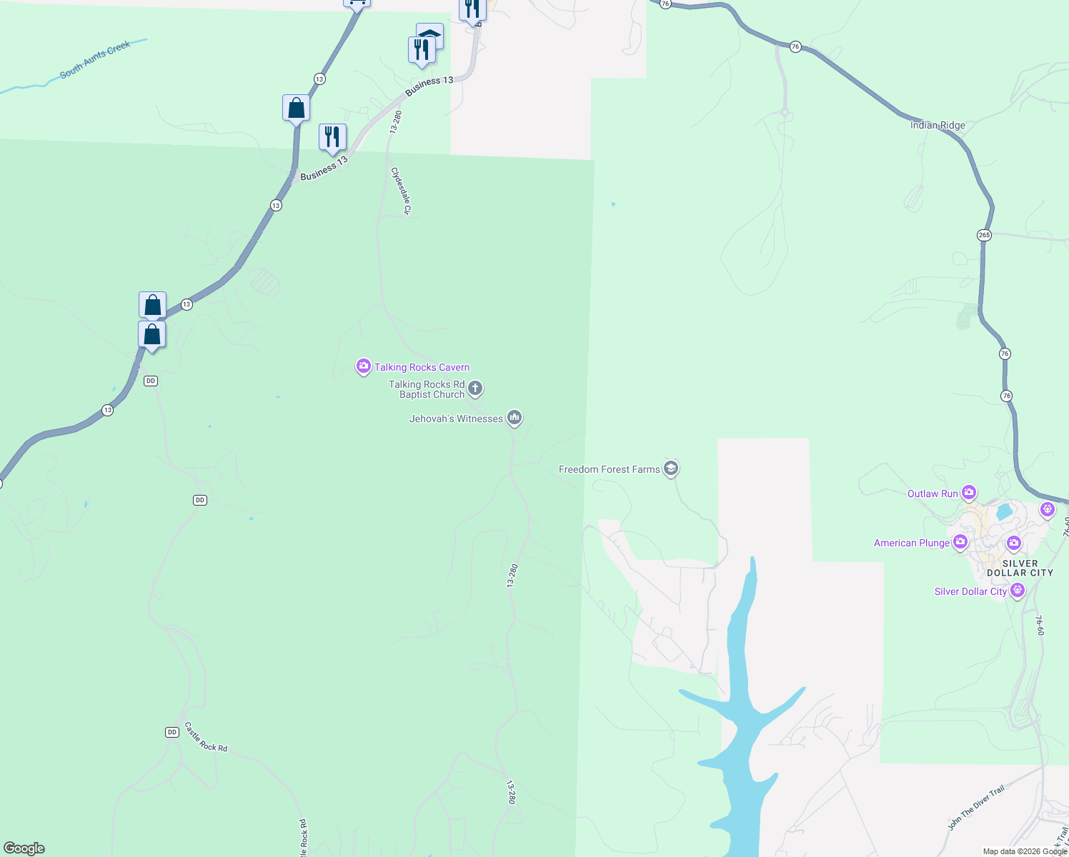 map of restaurants, bars, coffee shops, grocery stores, and more near 112 Rosehaven Lane in Reeds Spring