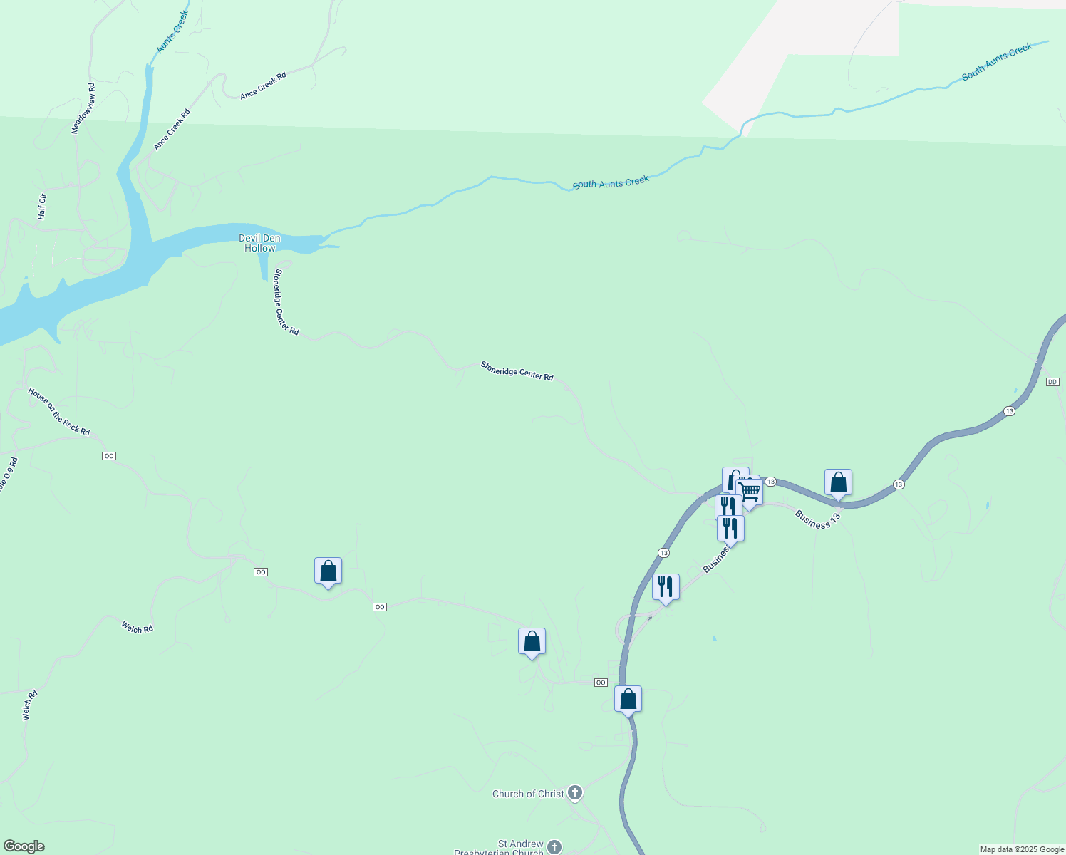 map of restaurants, bars, coffee shops, grocery stores, and more near 298 Butterfly Lane in Reeds Spring