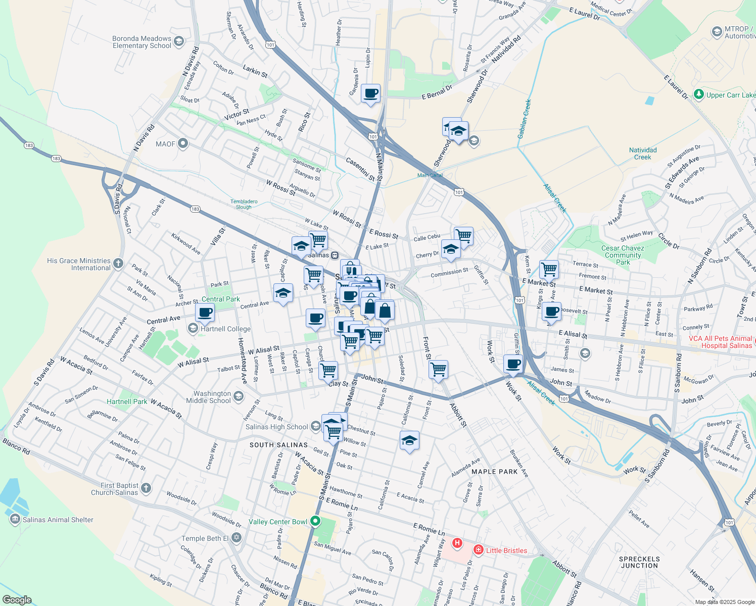 map of restaurants, bars, coffee shops, grocery stores, and more near East Gabilan Street in Salinas