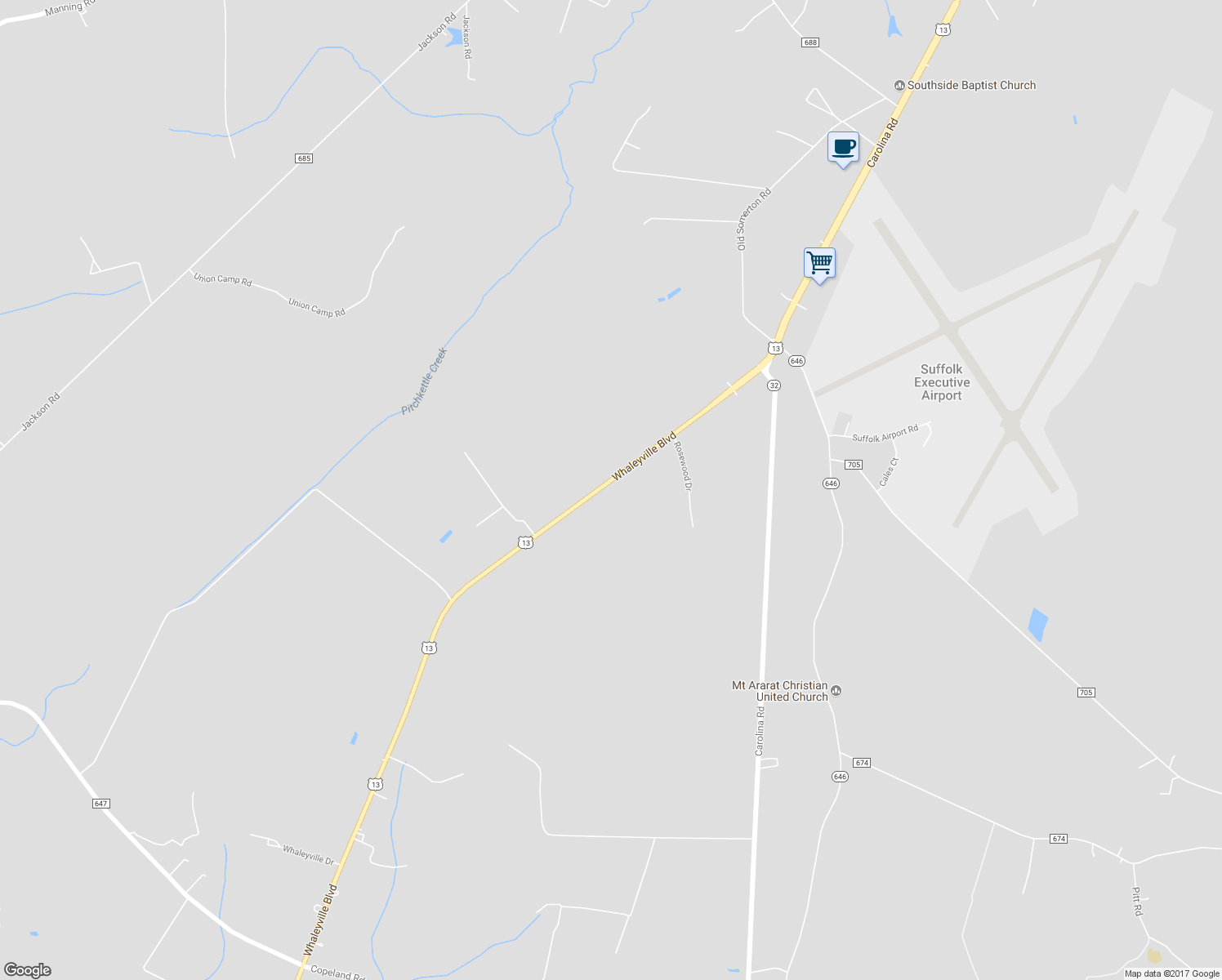 map of restaurants, bars, coffee shops, grocery stores, and more near 1708 Whaleyville Boulevard in Suffolk