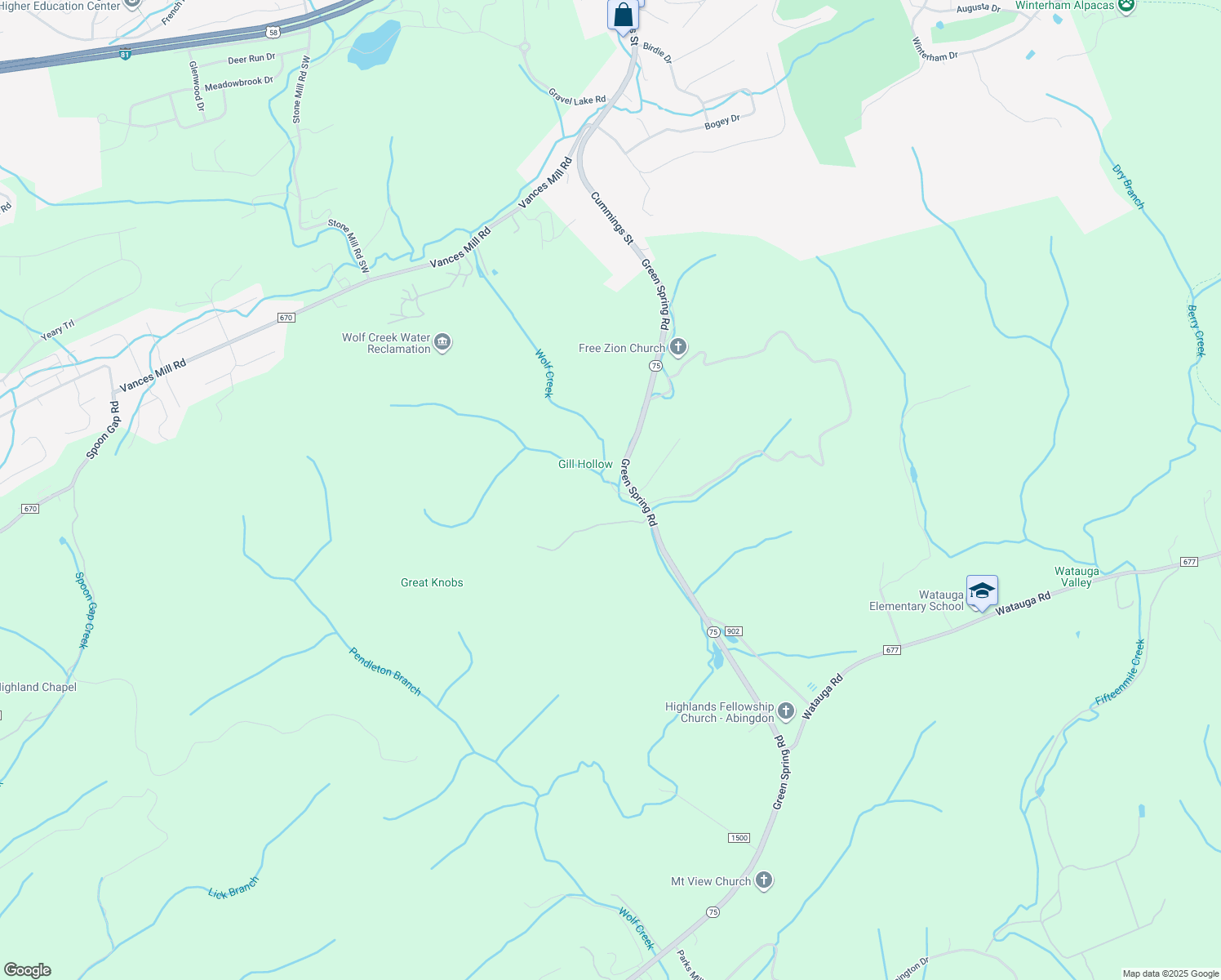 map of restaurants, bars, coffee shops, grocery stores, and more near 19132 Woodby Lane in Abingdon