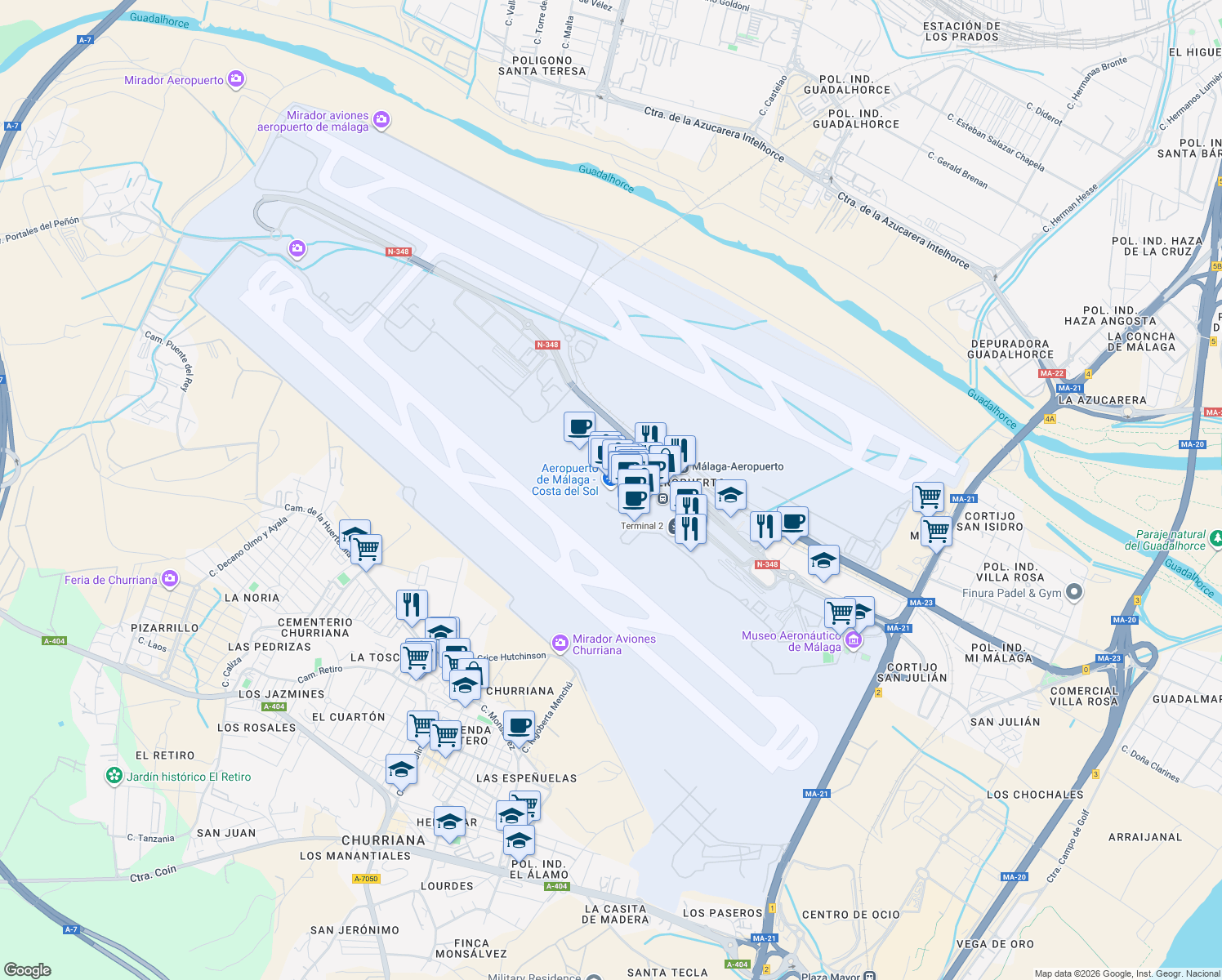 map of restaurants, bars, coffee shops, grocery stores, and more near s/n Avenida del Comandante García Morato in Málaga