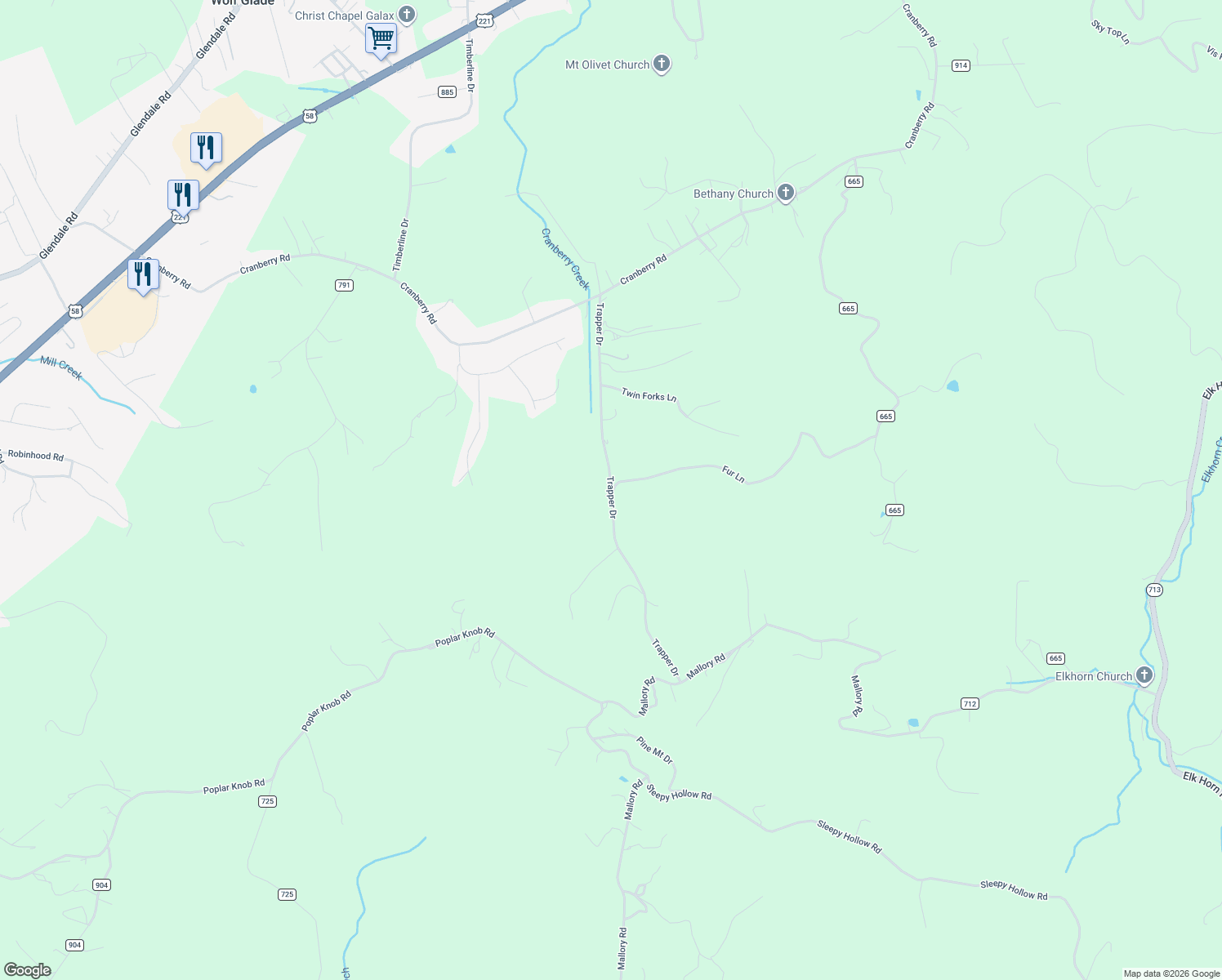 map of restaurants, bars, coffee shops, grocery stores, and more near Trapper Drive in Carroll County