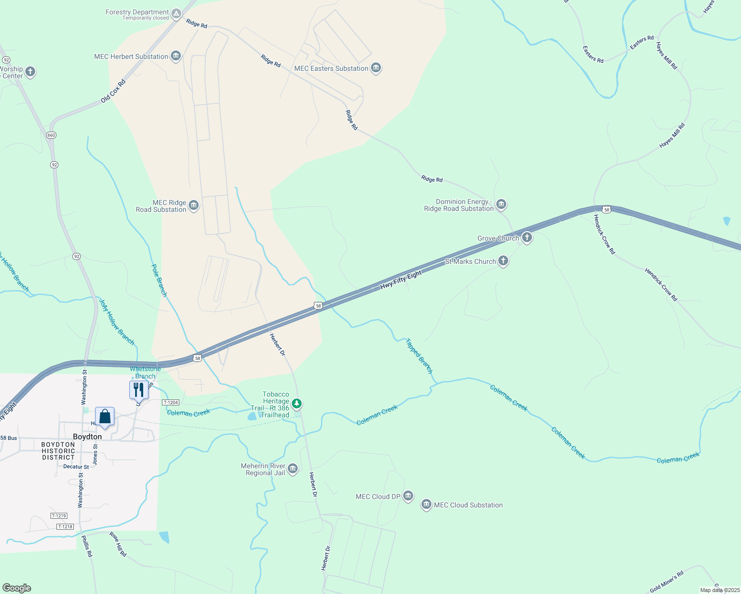 map of restaurants, bars, coffee shops, grocery stores, and more near 20840 U.S. 58 in Boydton