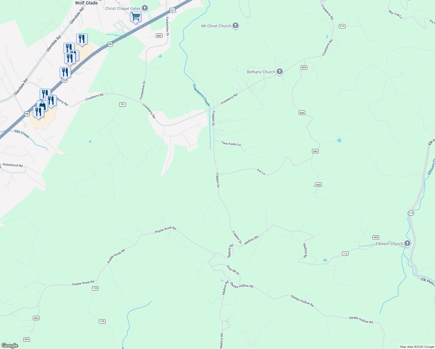 map of restaurants, bars, coffee shops, grocery stores, and more near State Road 723 in Woodlawn