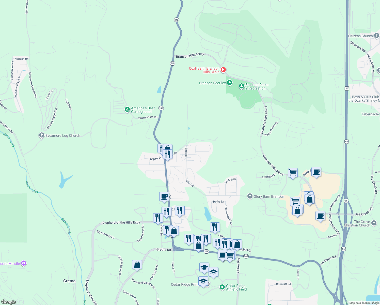 map of restaurants, bars, coffee shops, grocery stores, and more near 157 Quail Rd in Branson