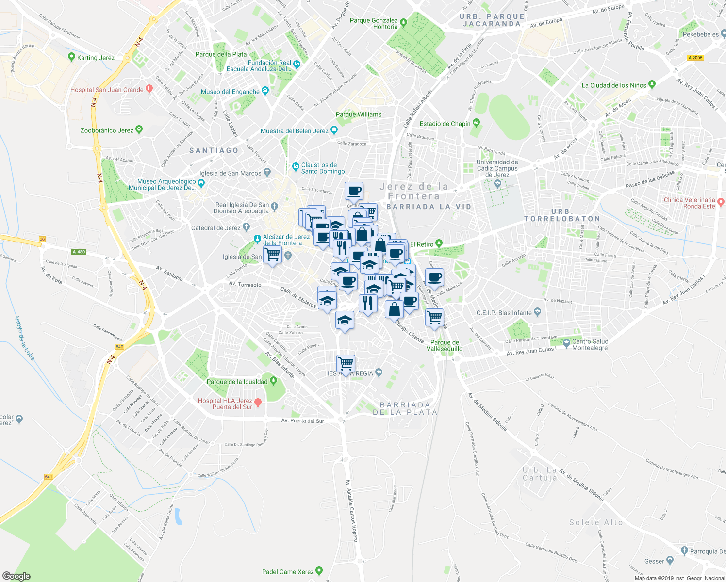 map of restaurants, bars, coffee shops, grocery stores, and more near 3D Calle Ronda de San Telmo in Jerez de la Frontera
