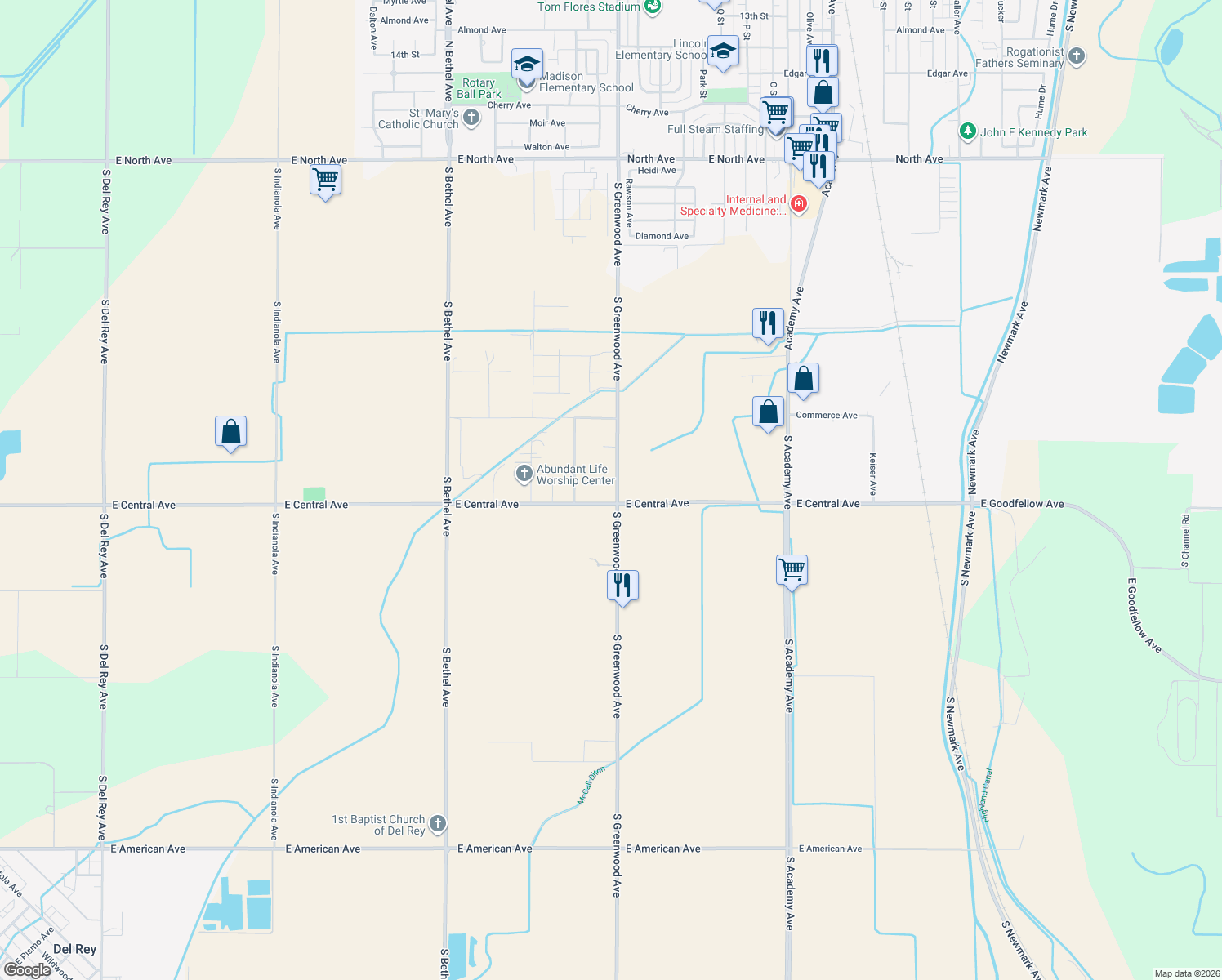 map of restaurants, bars, coffee shops, grocery stores, and more near 3925 South Greenwood Avenue in Sanger