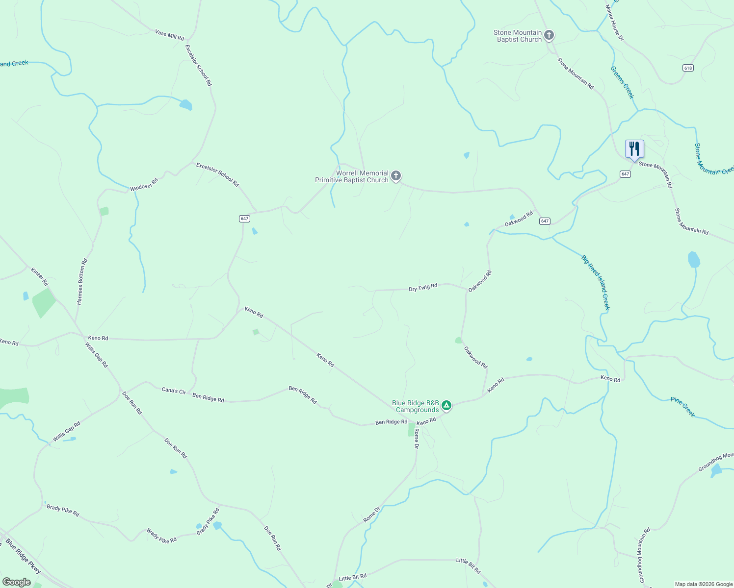 map of restaurants, bars, coffee shops, grocery stores, and more near Dry Twig Road in Laurel Fork
