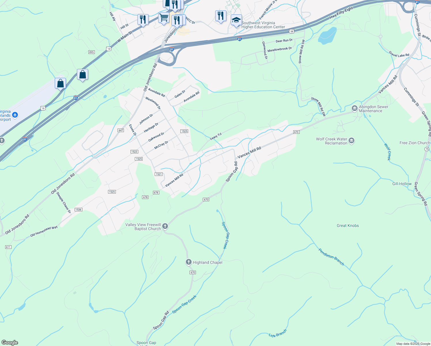 map of restaurants, bars, coffee shops, grocery stores, and more near 18455-18529 Keeneland Lane in Abingdon