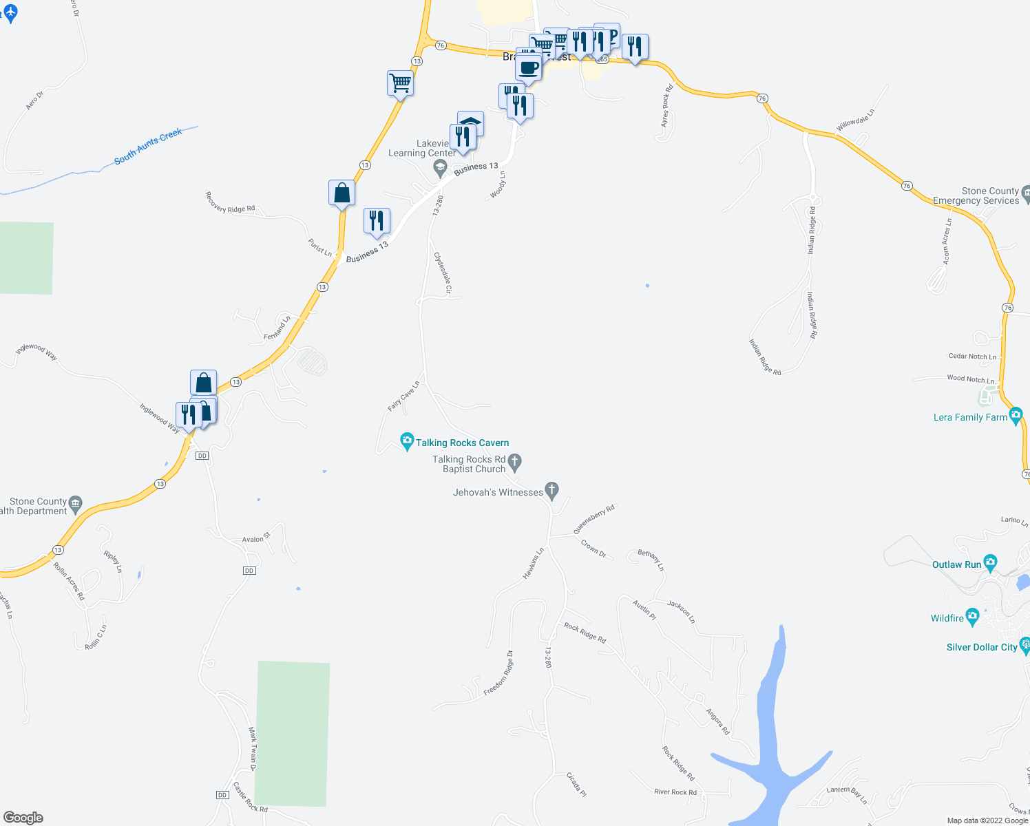 map of restaurants, bars, coffee shops, grocery stores, and more near 1050 Talking Rocks Road in Reeds Spring