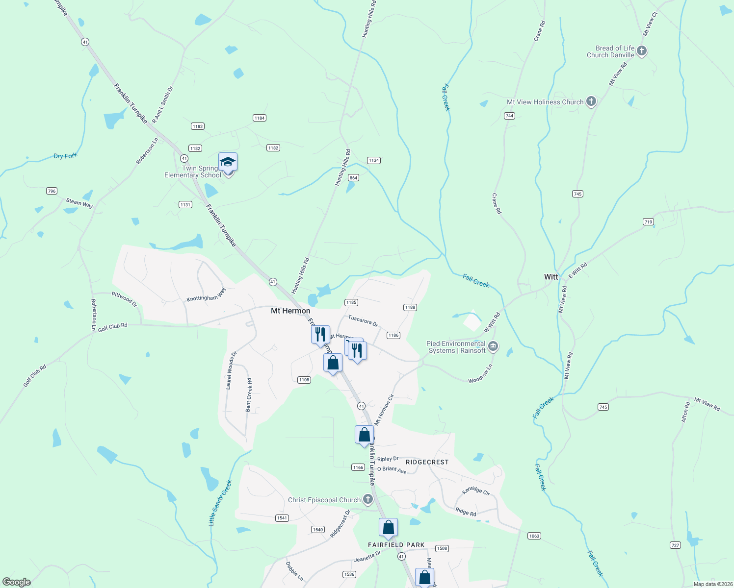 map of restaurants, bars, coffee shops, grocery stores, and more near 609 Pocahontas Road in Danville