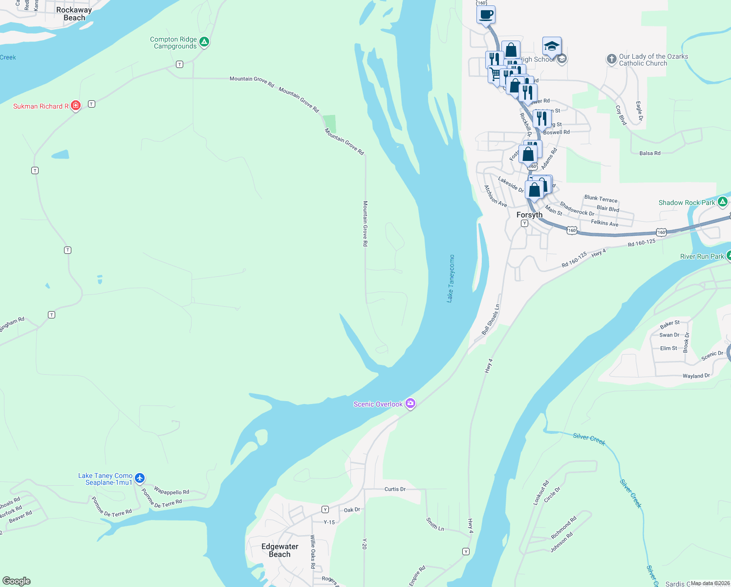 map of restaurants, bars, coffee shops, grocery stores, and more near 2239 Mountain Grove Road in Branson