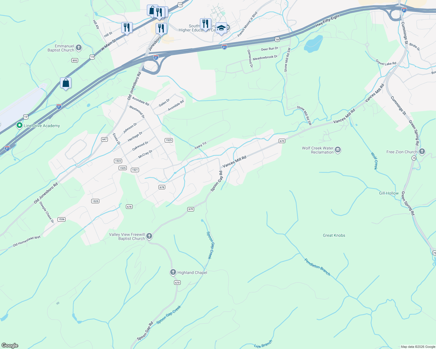 map of restaurants, bars, coffee shops, grocery stores, and more near 18455-18529 Keeneland Lane in Abingdon