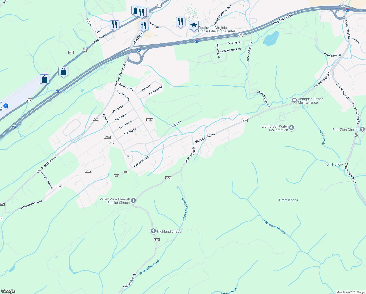 map of restaurants, bars, coffee shops, grocery stores, and more near 18455 Keeneland Lane in Abingdon