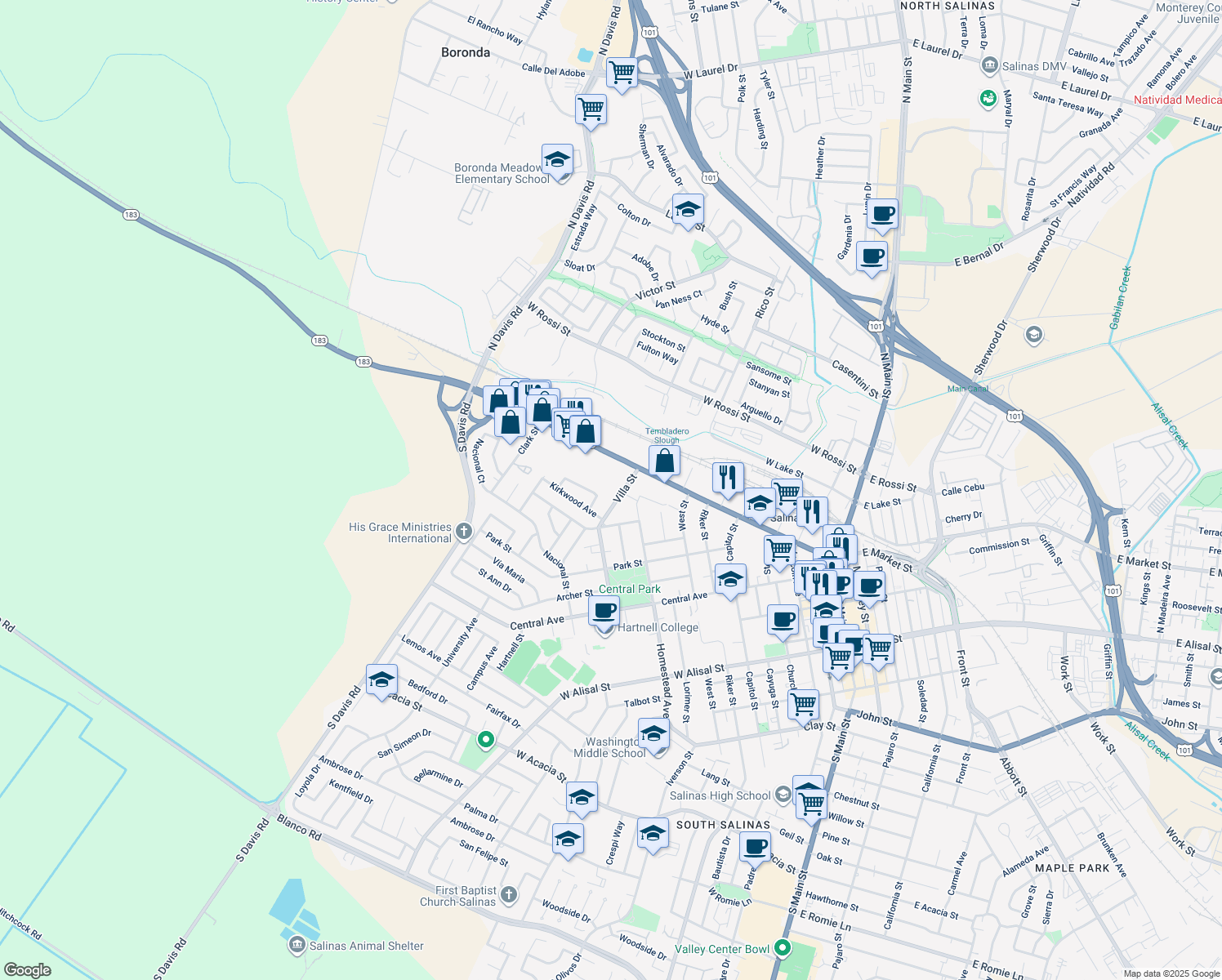 map of restaurants, bars, coffee shops, grocery stores, and more near 387 W Market St in Salinas