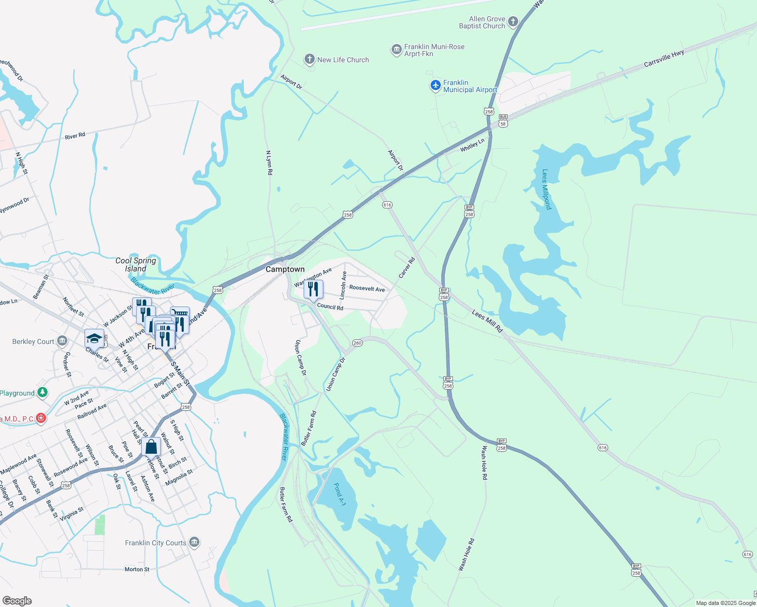 map of restaurants, bars, coffee shops, grocery stores, and more near 350 Pocahontas Avenue in Franklin