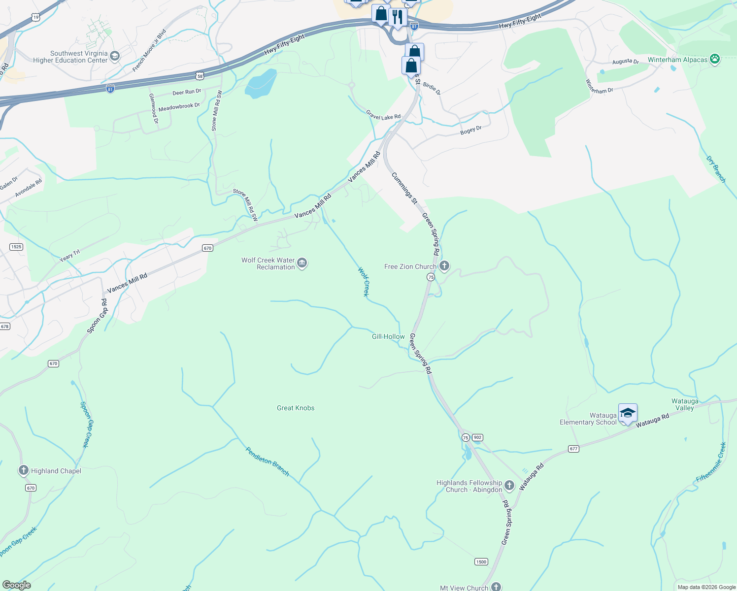 map of restaurants, bars, coffee shops, grocery stores, and more near 19085 Green Spring Rd in Abingdon