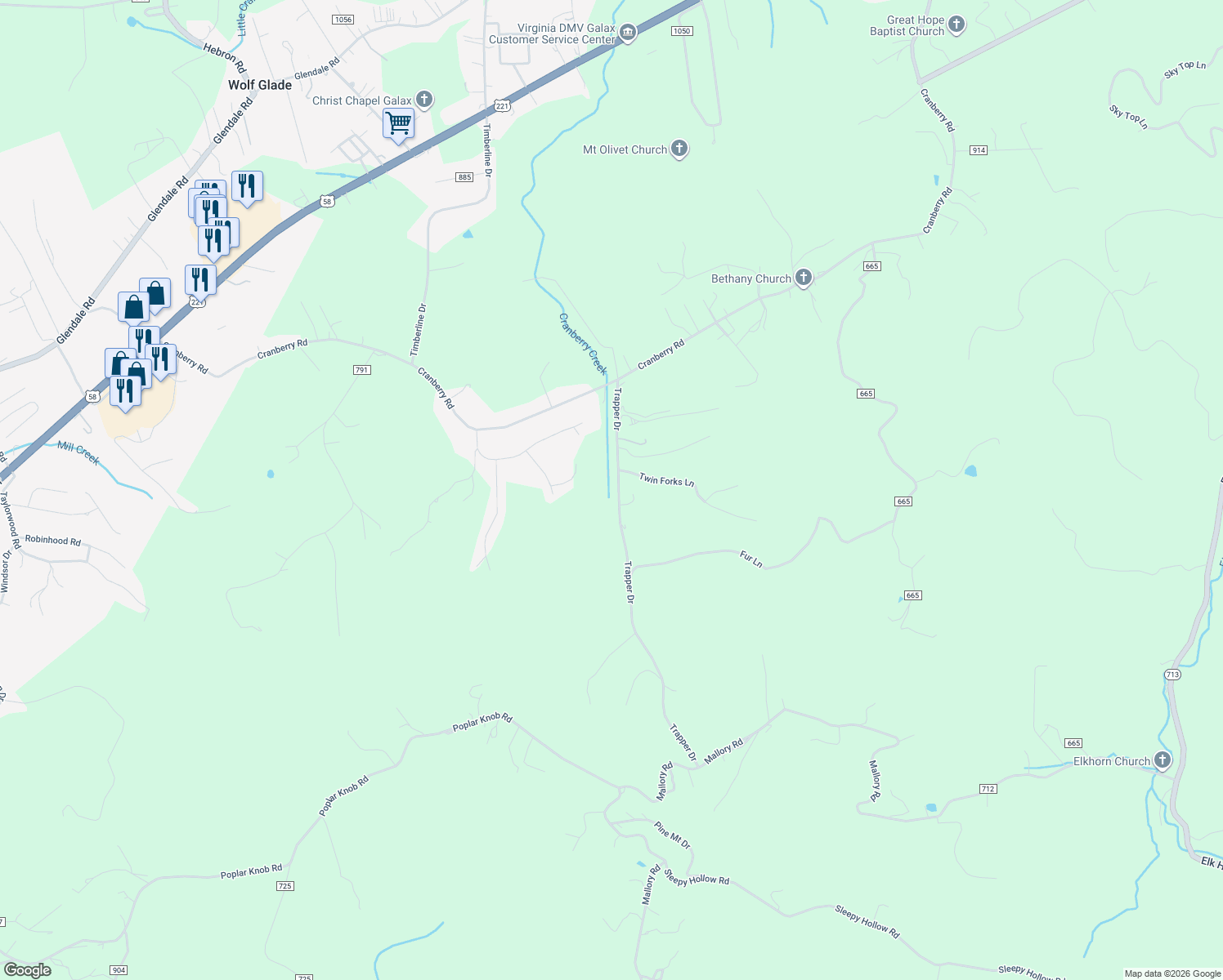 map of restaurants, bars, coffee shops, grocery stores, and more near State Road 723 in Galax