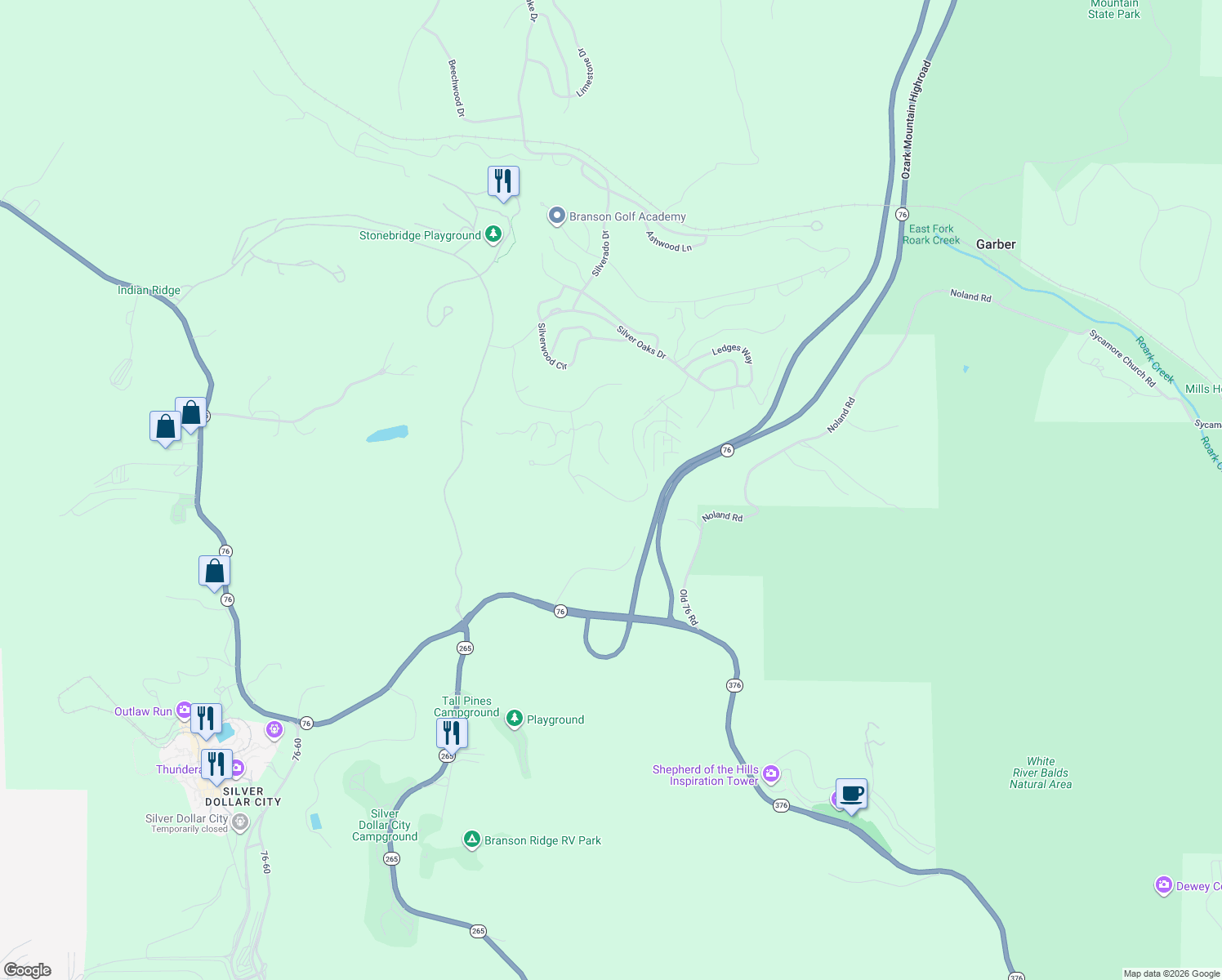 map of restaurants, bars, coffee shops, grocery stores, and more near Co-Rd 76-50 in Reeds Spring