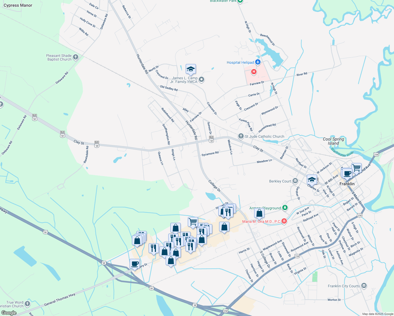 map of restaurants, bars, coffee shops, grocery stores, and more near 399 North College Drive in Franklin