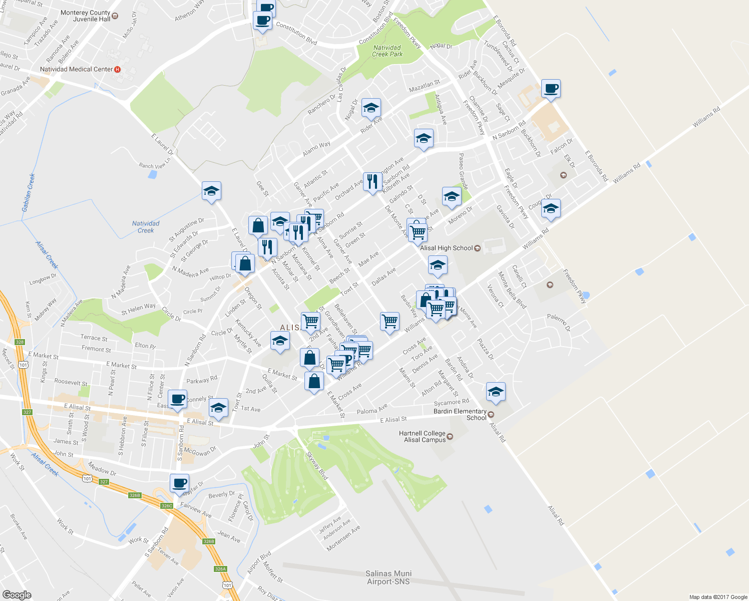 map of restaurants, bars, coffee shops, grocery stores, and more near 1304 Garner Avenue in Salinas