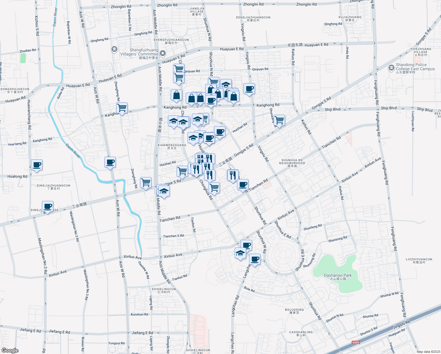 map of restaurants, bars, coffee shops, grocery stores, and more near Gong Ye Nan Lu in Ji Nan Shi