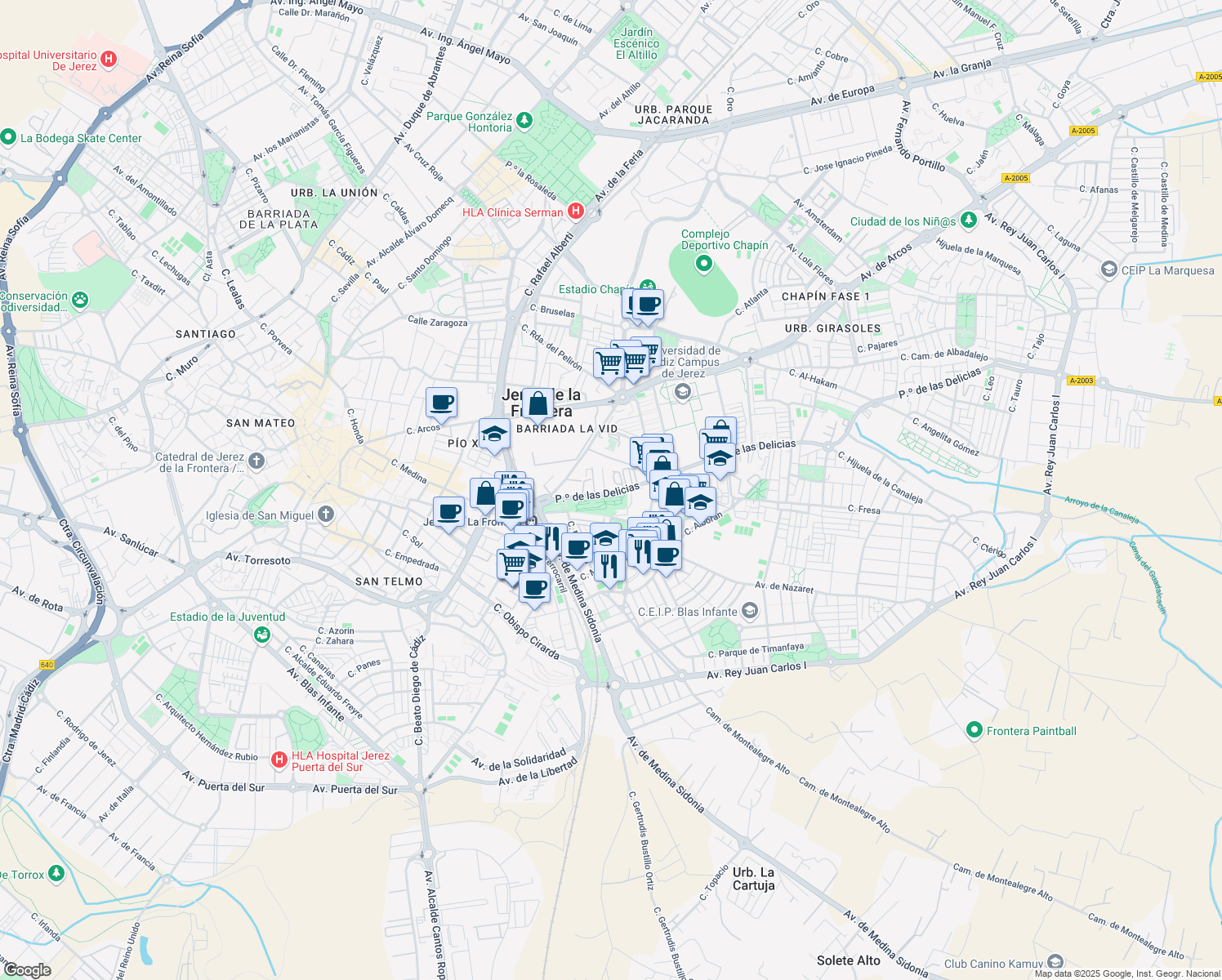 map of restaurants, bars, coffee shops, grocery stores, and more near 17 Paseo de las Delicias in Jerez de la Frontera