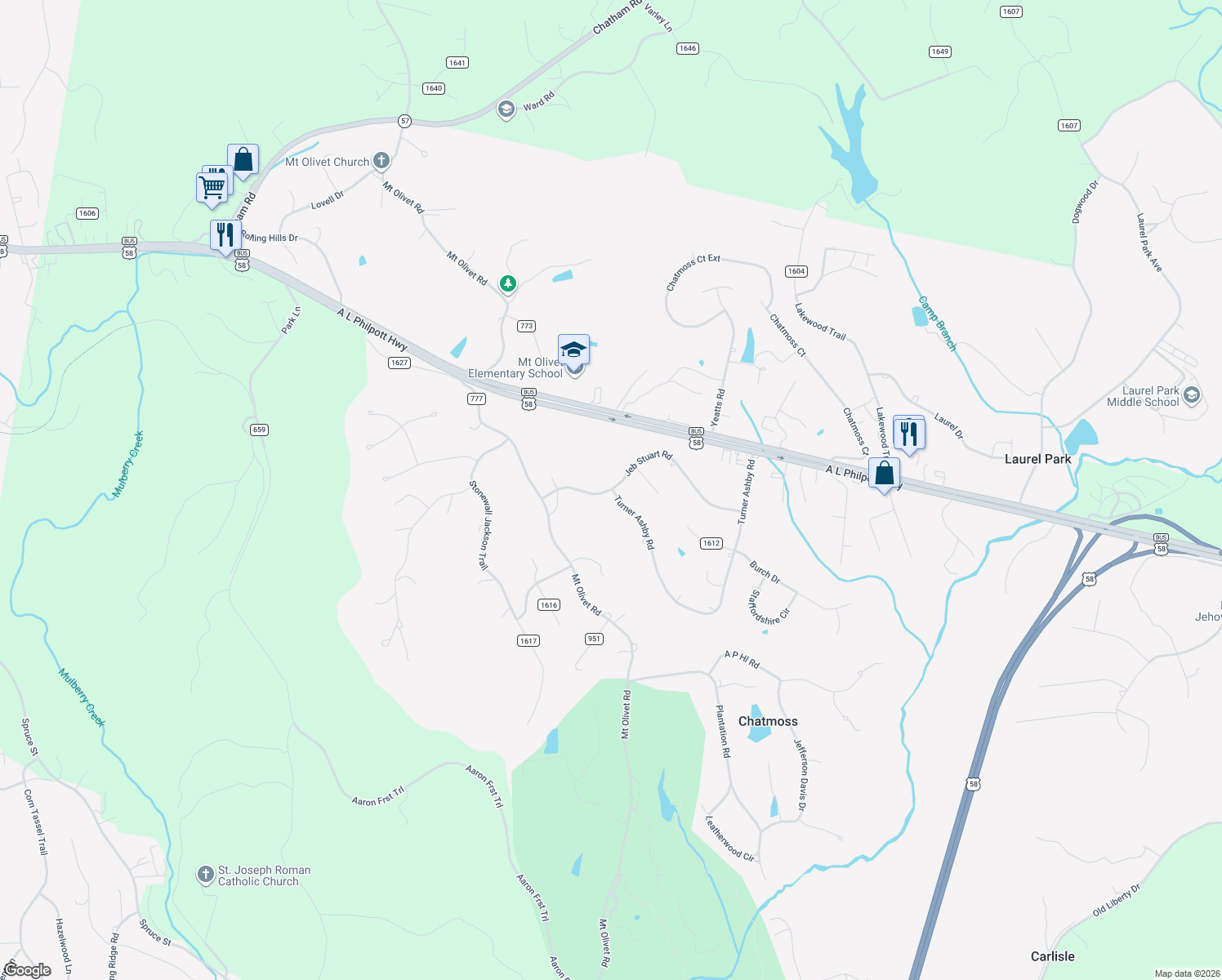 map of restaurants, bars, coffee shops, grocery stores, and more near 213 Jeb Stuart Road in Martinsville