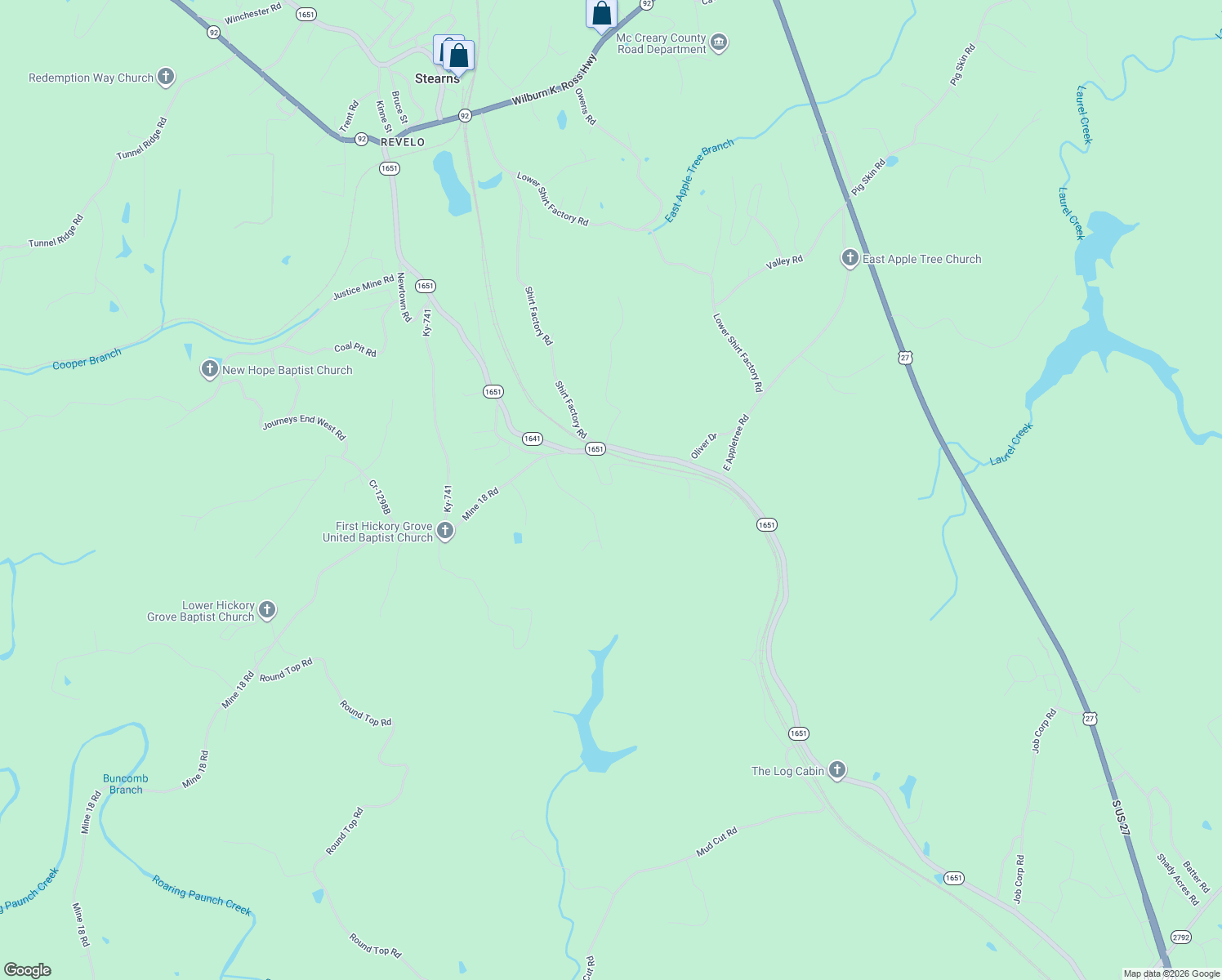 map of restaurants, bars, coffee shops, grocery stores, and more near Railroad Road in Stearns