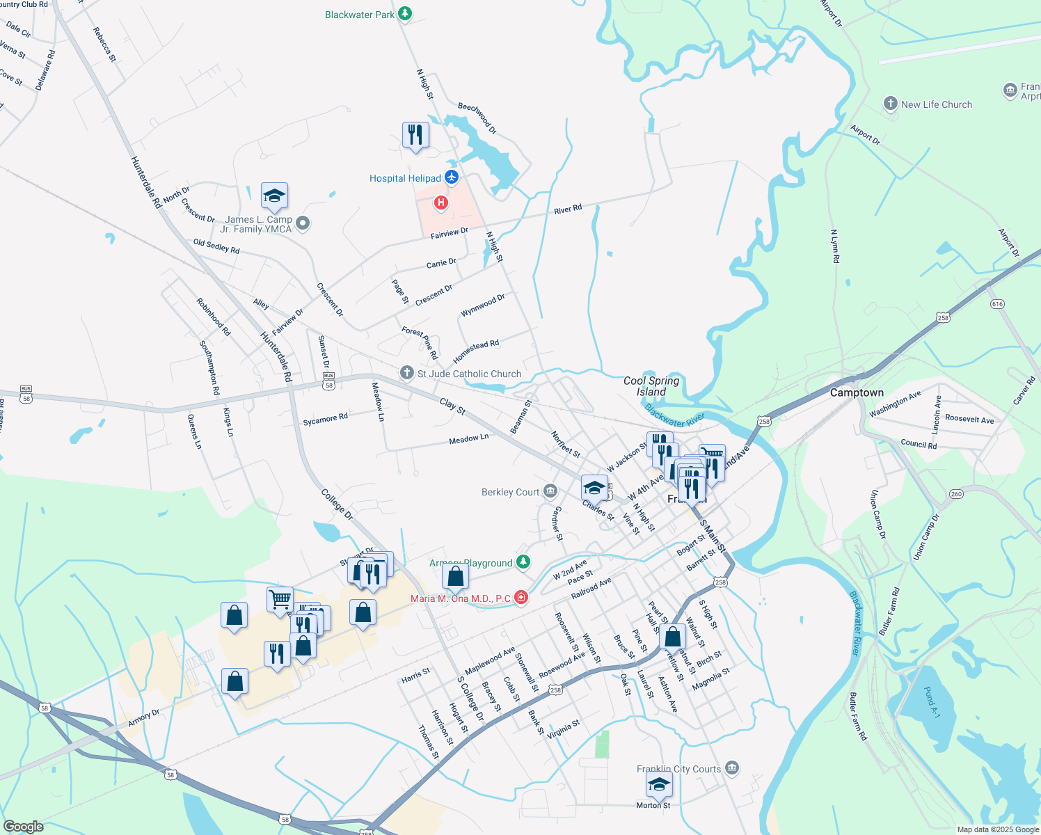 map of restaurants, bars, coffee shops, grocery stores, and more near 308 Beaman Street in Franklin