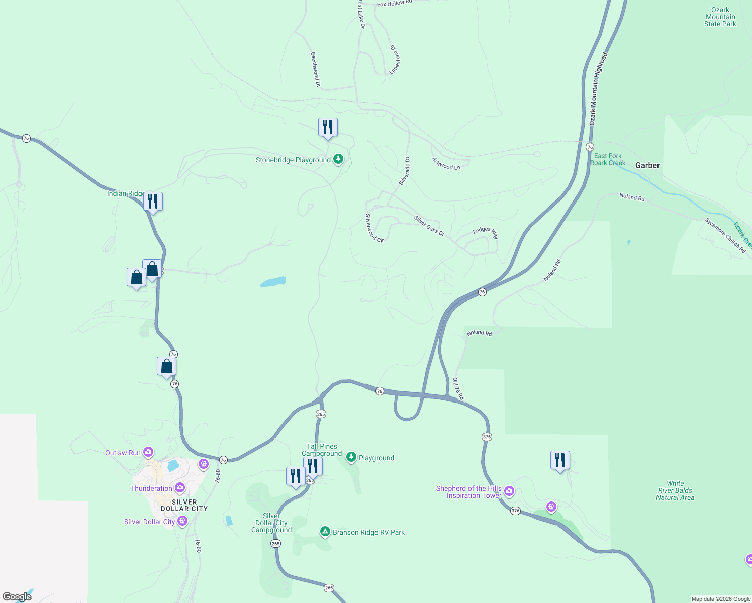 map of restaurants, bars, coffee shops, grocery stores, and more near 301-317 Silver Oak Pl in Reeds Spring