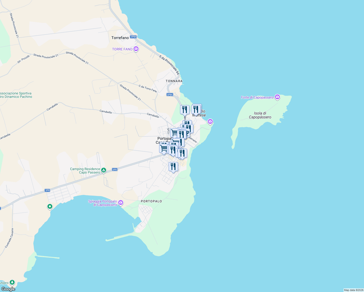 map of restaurants, bars, coffee shops, grocery stores, and more near 23 Via Alfonso Lamarmora in Portopalo di Capo Passero