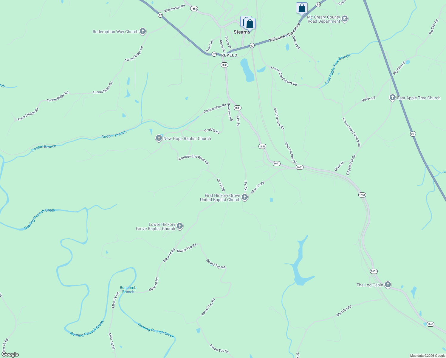 map of restaurants, bars, coffee shops, grocery stores, and more near Garland Road in Stearns