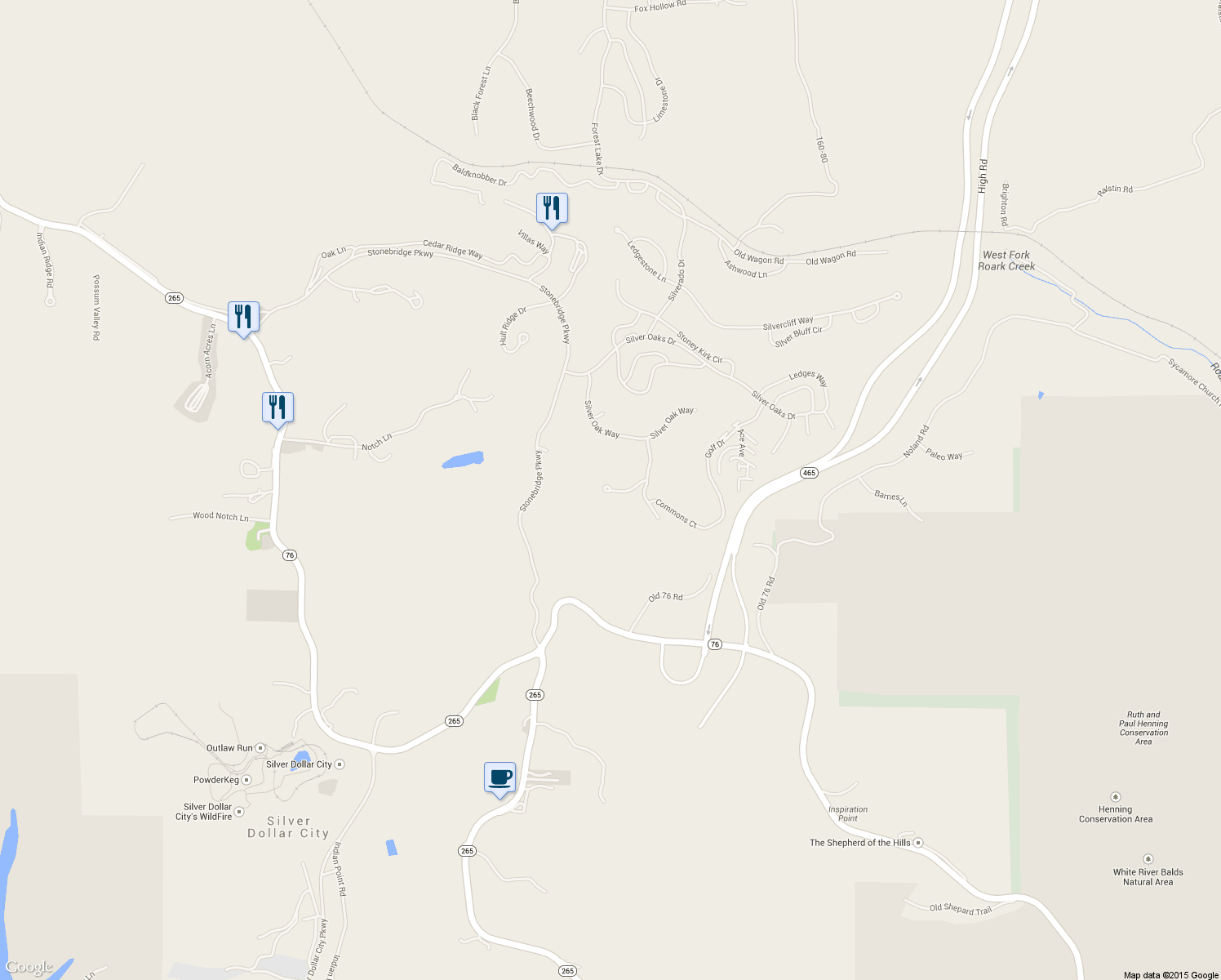 map of restaurants, bars, coffee shops, grocery stores, and more near 317 Silver Oak Pl in Reeds Spring