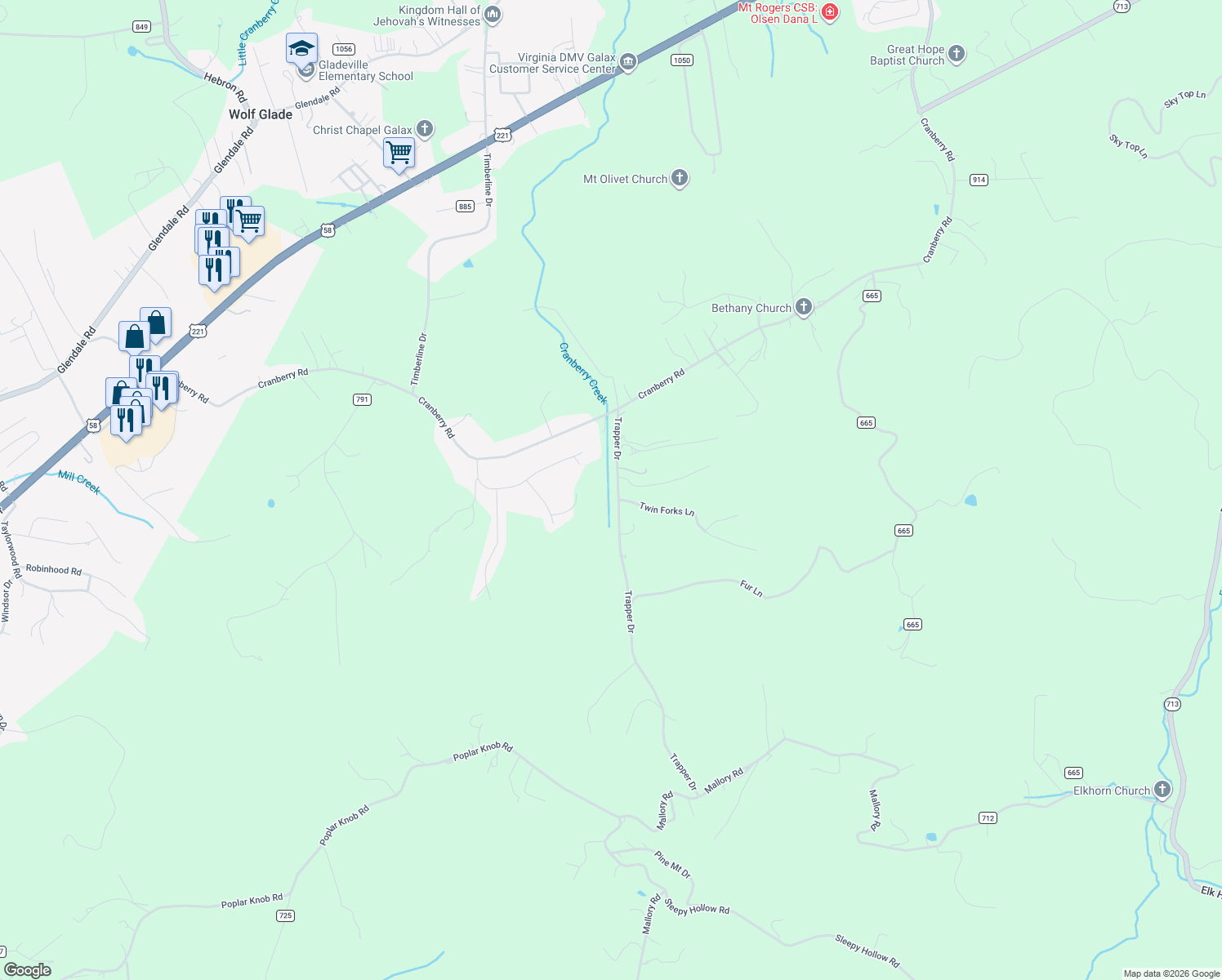 map of restaurants, bars, coffee shops, grocery stores, and more near Trapper Drive in Carroll County