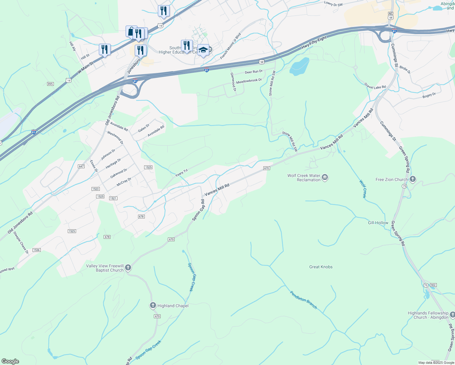 map of restaurants, bars, coffee shops, grocery stores, and more near 21065 Vances Mill Road in Abingdon
