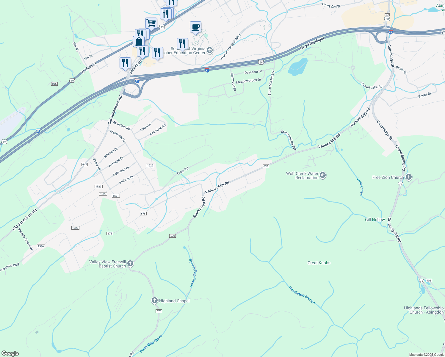 map of restaurants, bars, coffee shops, grocery stores, and more near 21065 Vances Mill Road in Abingdon